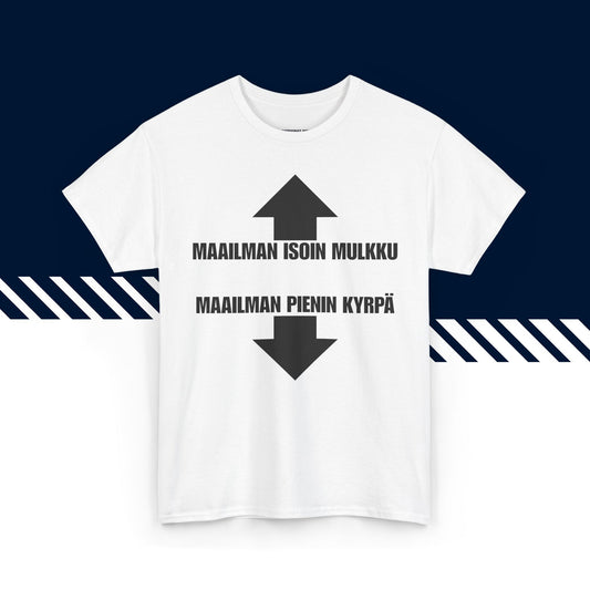 Valkoinen puuvillainen t-paita, hauskat paidat, suomipaidat.comin Iso mulkku -tekstipainatus, unisex-malli.