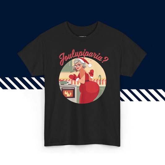 Musta 100% puuvillainen t-paita, hauskat paidat, Joulupiparia-tekstipainatus, unisex-malli.