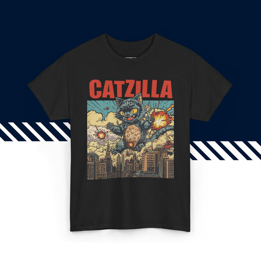 Musta 100% puuvillainen t-paita, hauskat paidat, Catzilla-tekstipainatus, unisex-malli.