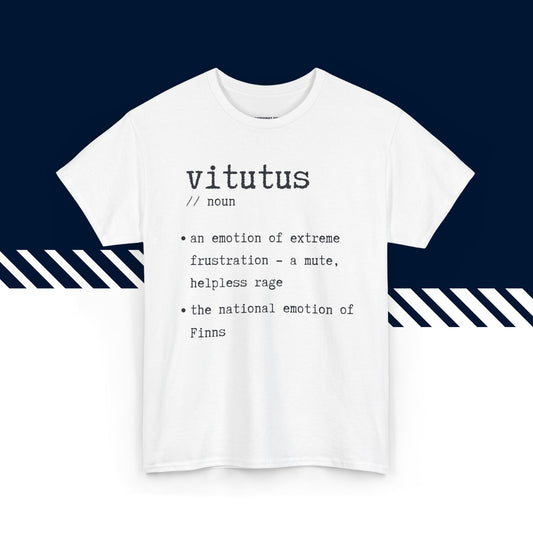 Valkoinen 100% puuvillainen suomi paita, Vitutus-tekstipainatus, hauskat t-paidat, unisex-malli.