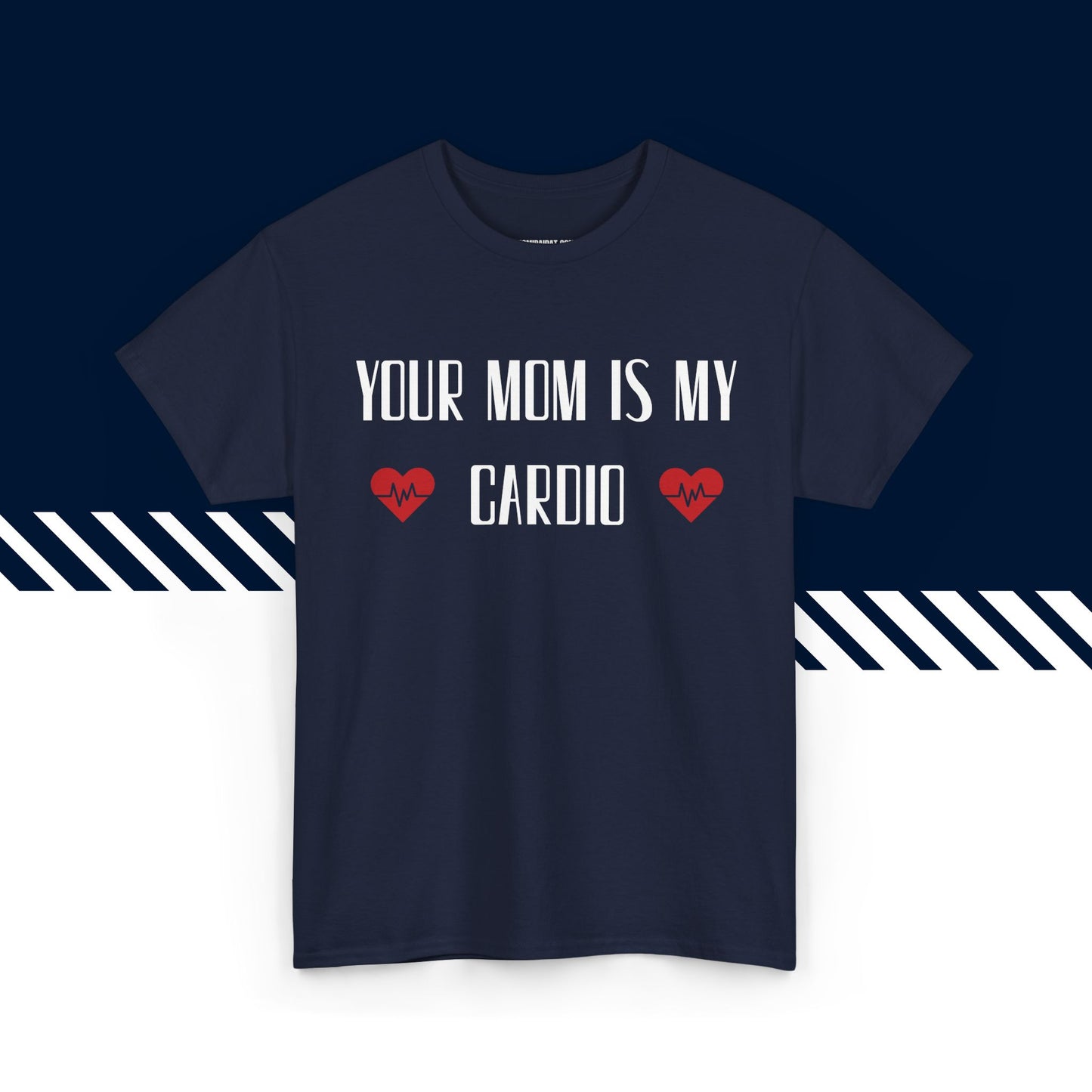 Tummansininen puuvillainen t-paita, hauskat teksti paidat, Your Mom -tekstipainatus, unisex-malli.