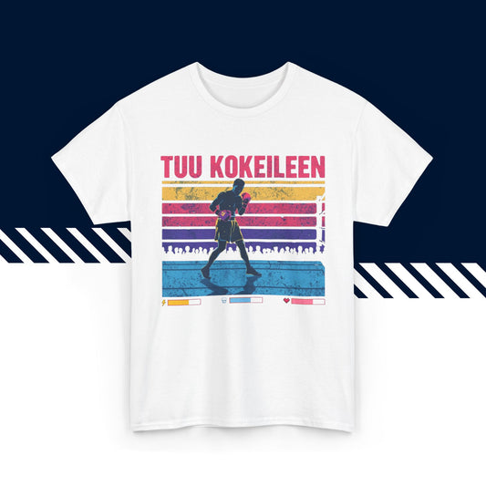 Valkoinen puuvillainen t-paita, hauskat paidat, suomipaidat.comin Tuu kokeileen -tekstipainatus, unisex-malli.