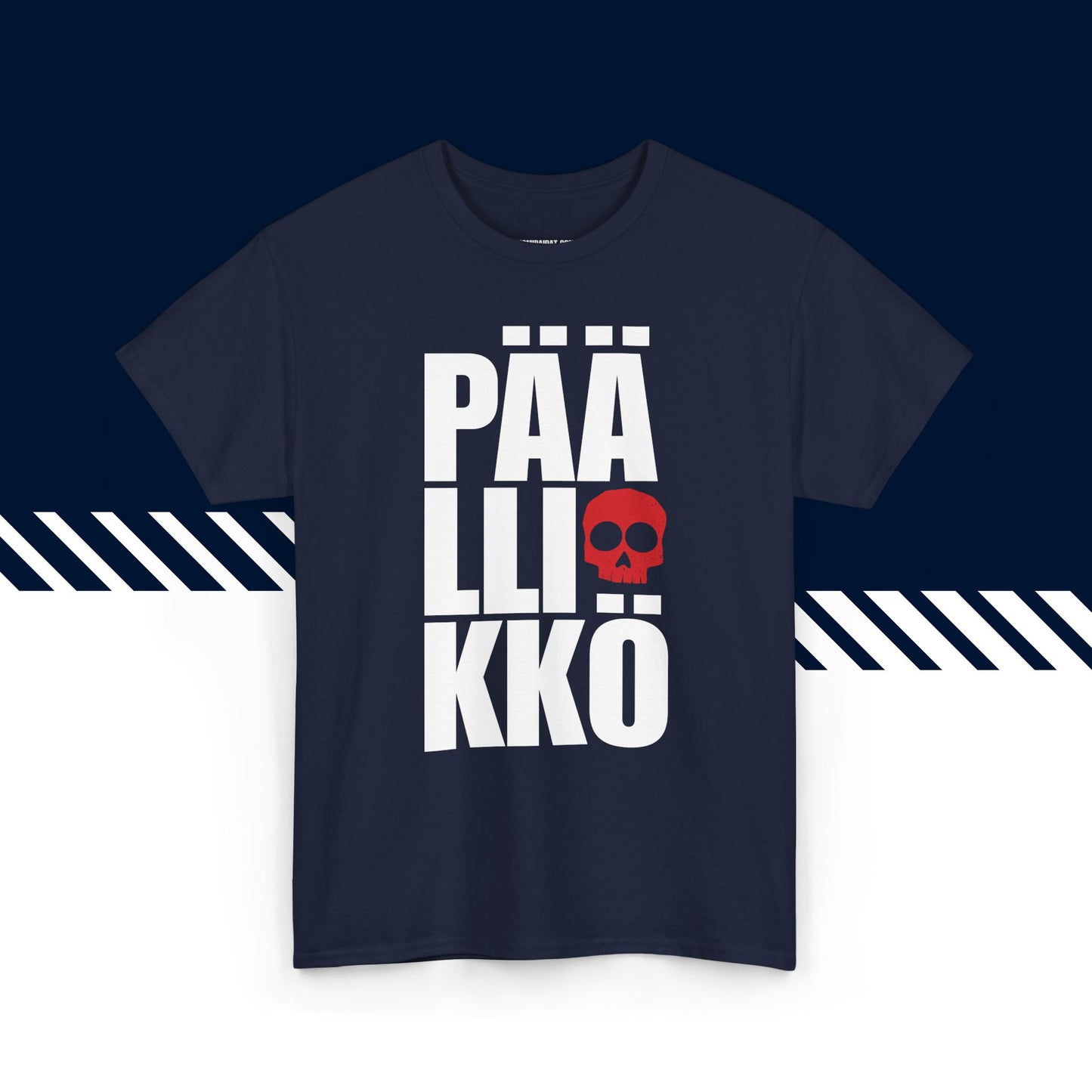 Tummansininen puuvillainen t-paita, hauskat printtipaidat, Päällikkö-tekstipainatus, unisex-malli.