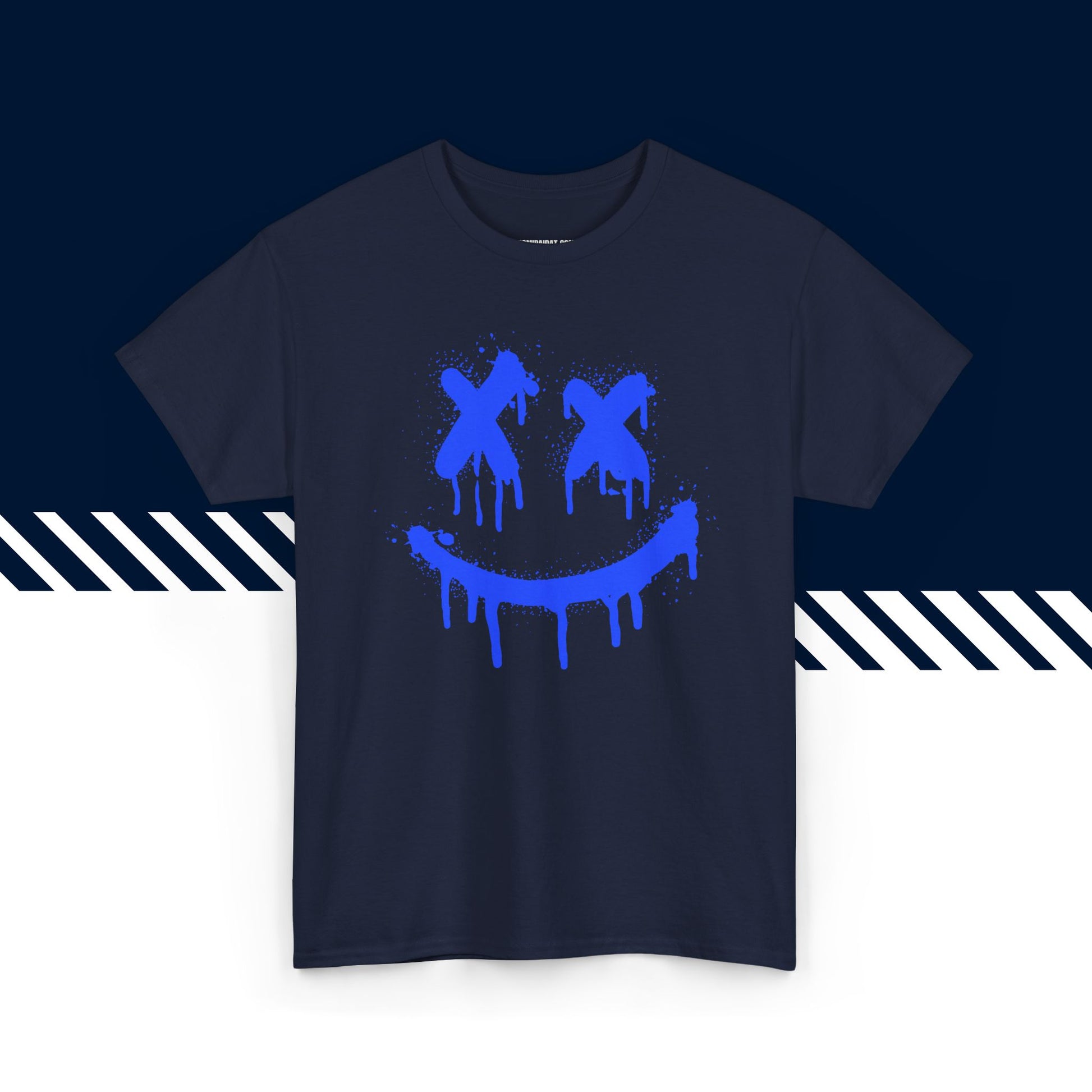 Tummansininen puuvillainen t-paita, hauskat printtipaidat, Spray Smiley -kuvio, unisex-malli.