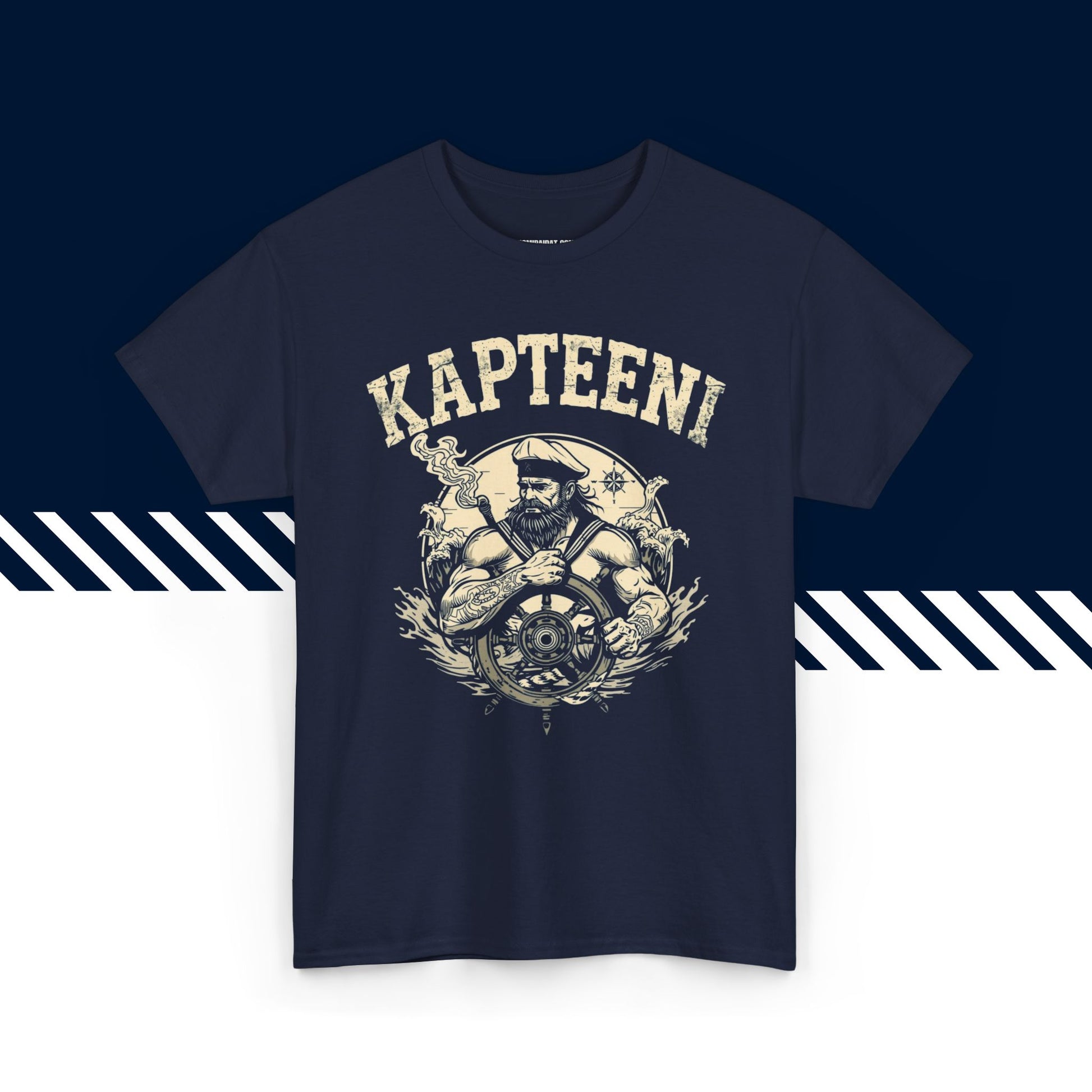 Tummansininen puuvillainen t-paita, hauskat paidat, Kapteeni-tekstipainatus, unisex-malli.