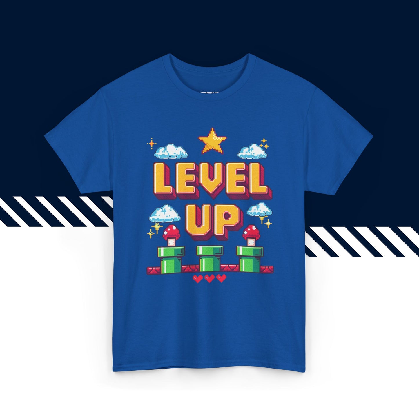 Sininen puuvillainen t-paita, hauskat paidat, Level Up -tekstipainatus, unisex-malli.
