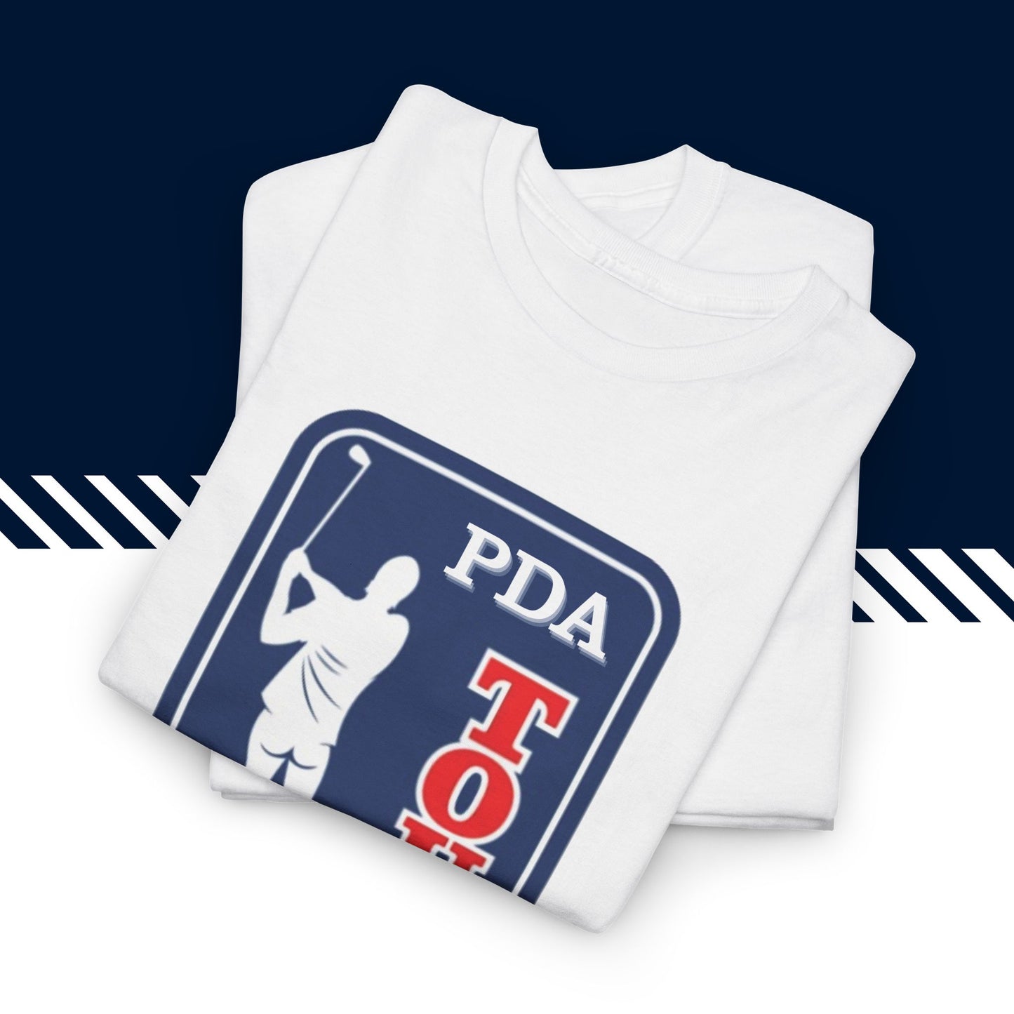 Valkoinen puuvillainen hauskat printtipaidat, PDA Tour t-paita, taitettuna, 100% puuvilla.