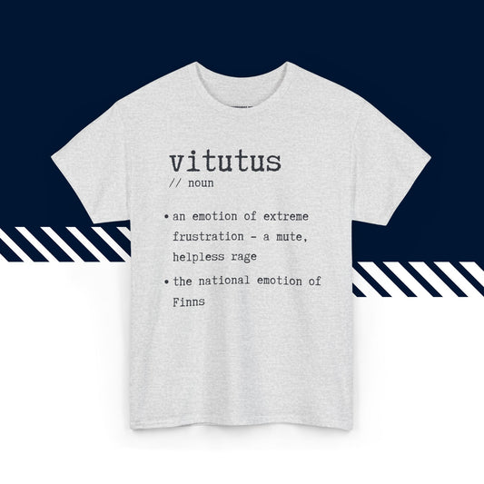 Harmaa t-paita, hauskat paidat, suomipaidat.comin Vitutus-tekstipainatus, rento malli, unisex.