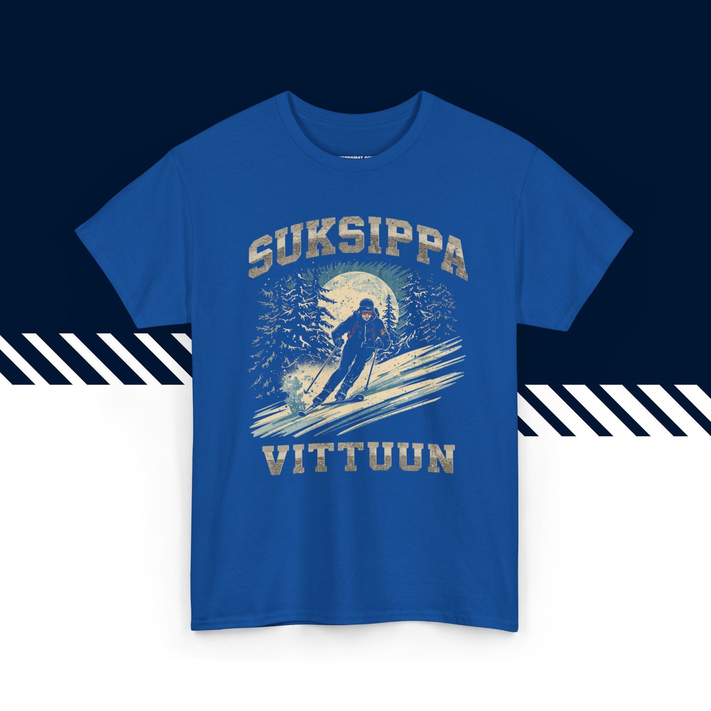 Sininen puuvillainen t-paita, hauskat paidat, Suksippa vittuun -tekstipainatus, rento malli.