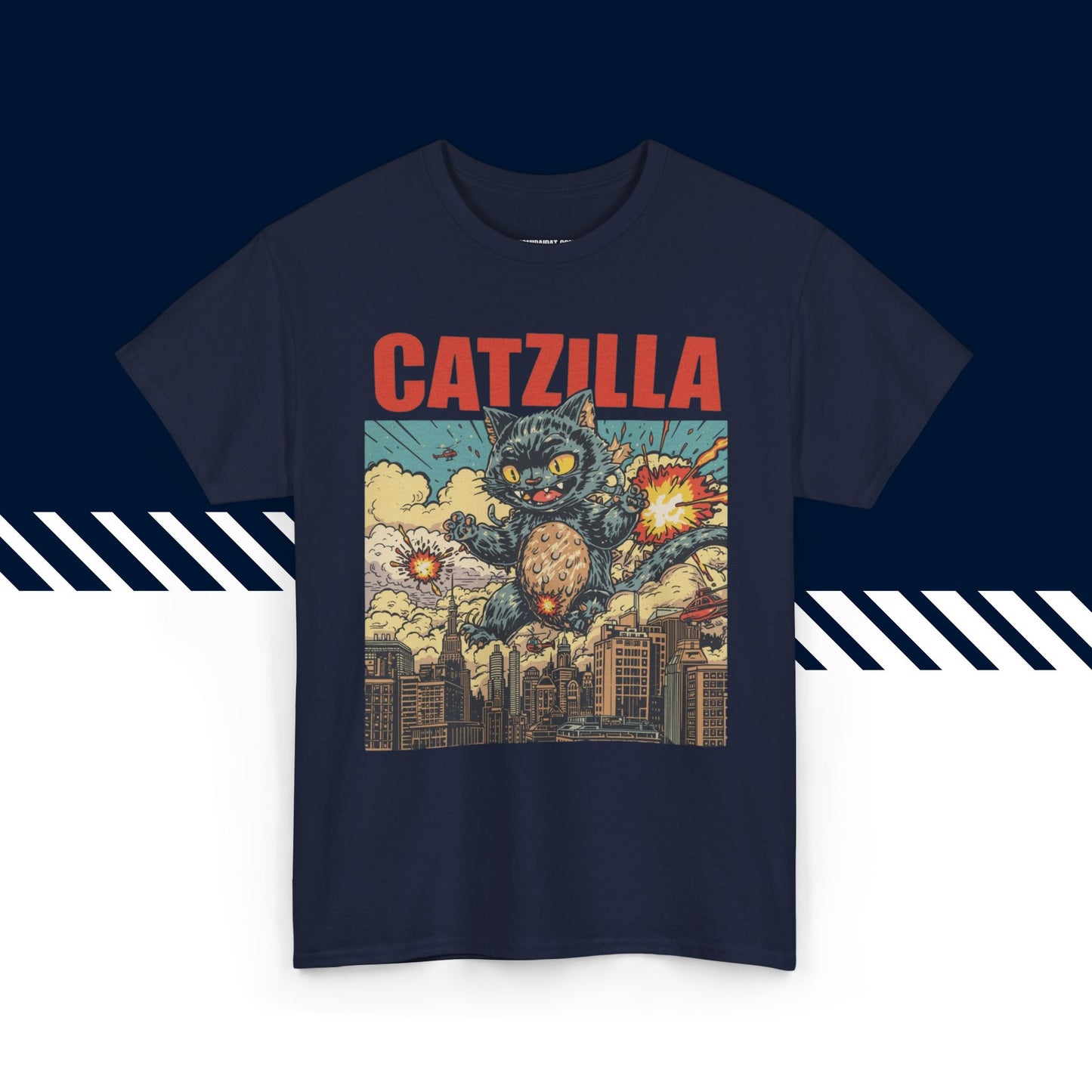 Tummansininen puuvillainen t-paita, hauskat paidat, Catzilla-tekstipainatus, unisex-malli.