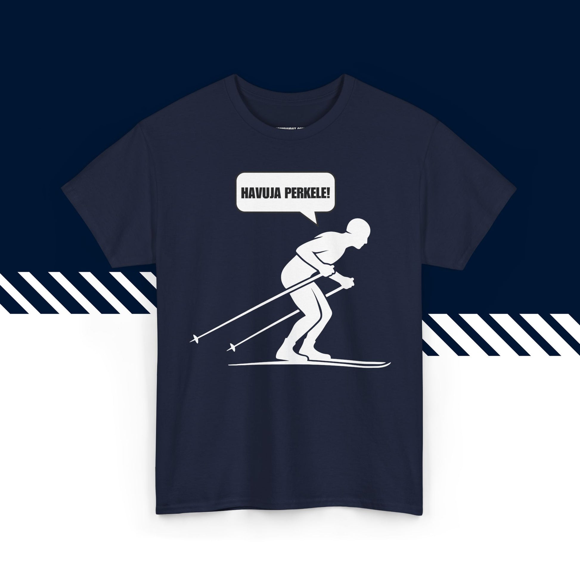 Tummansininen puuvillainen t-paita, hauskat printtipaidat, Havuja perkele! -tekstipainatus, unisex-malli.