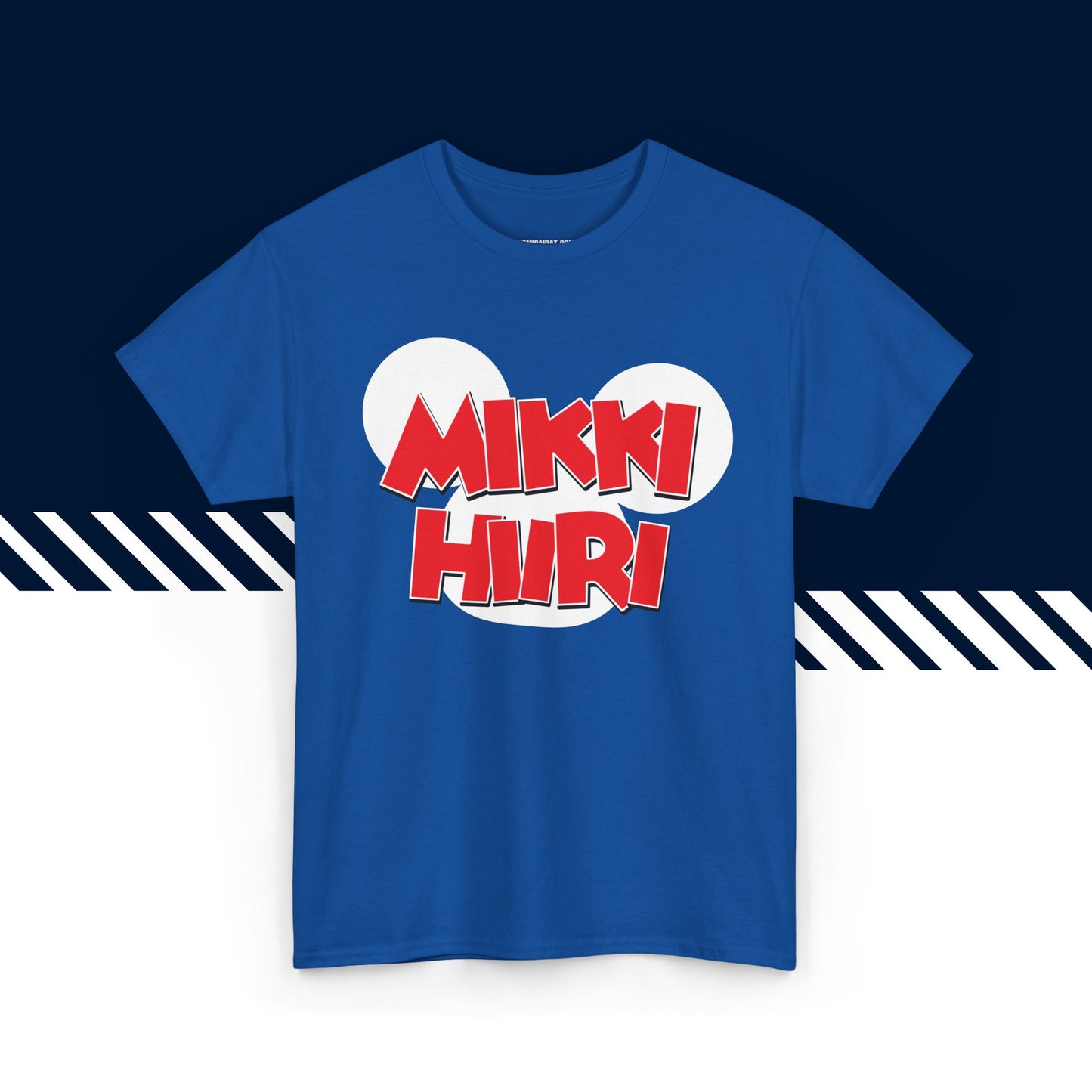 Sininen 100% puuvillainen suomi paidat, Mikki Hiiri -teksti ja kuvio, rento malli.