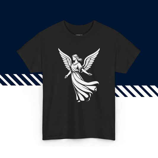 Musta puuvillainen t-paita, hauskat paidat, suomipaidat.comin Enkeli-tekstipainatus, unisex-malli.
