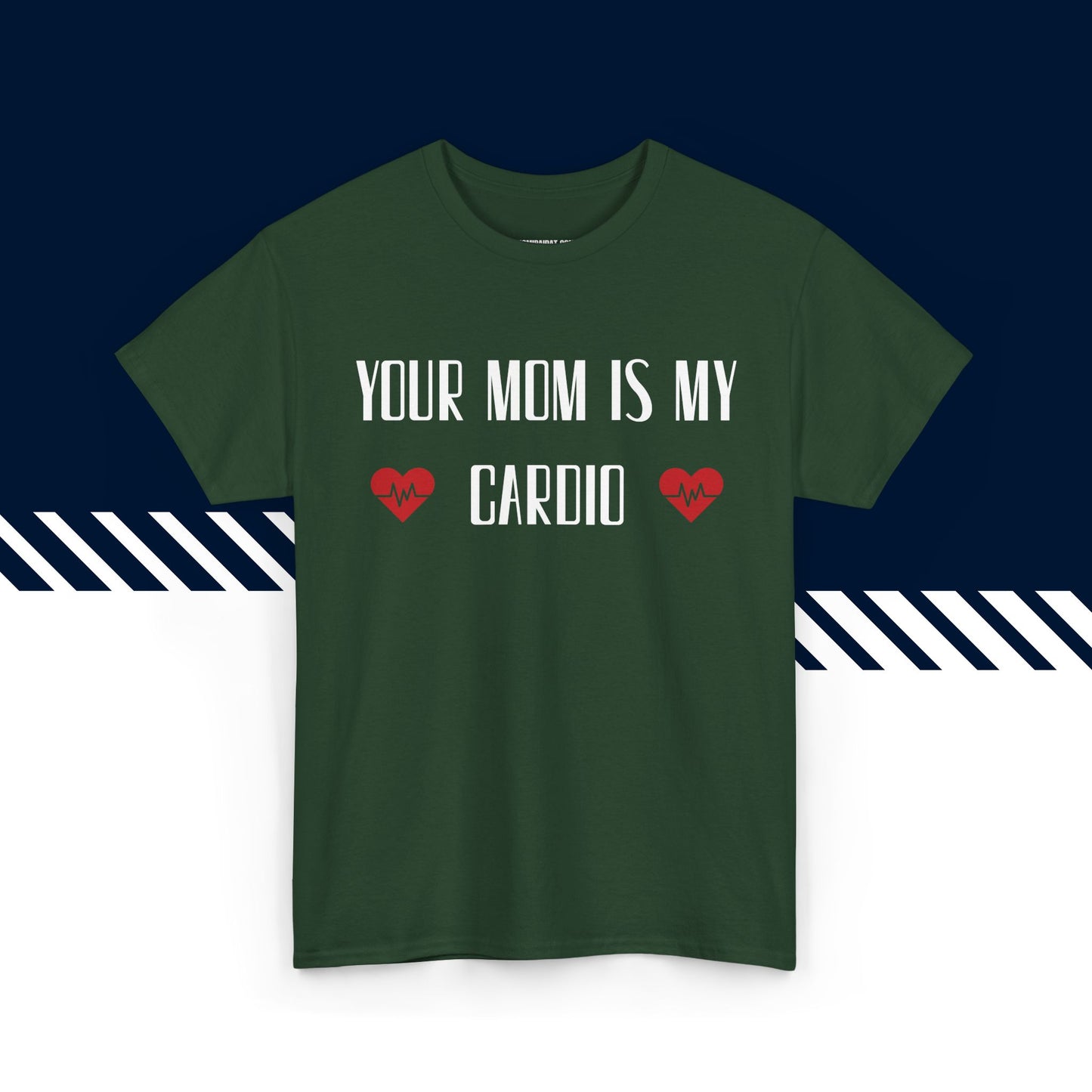 Tummanvihreä puuvillainen t-paita, hauskat printtipaidat, Your Mom -tekstipainatus, unisex-malli.