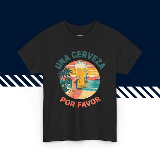 Musta 100% puuvillainen t-paita, hauskat paidat, Una cerveza por favor -tekstipainatus, unisex.