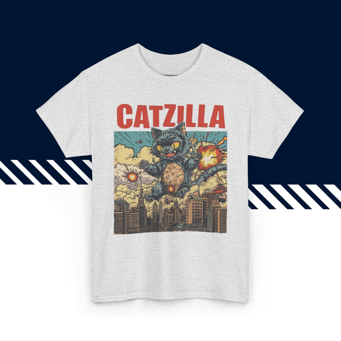 Harmaa t-paita, hauskat paidat, Catzilla-tekstipainatus, rento malli, unisex.