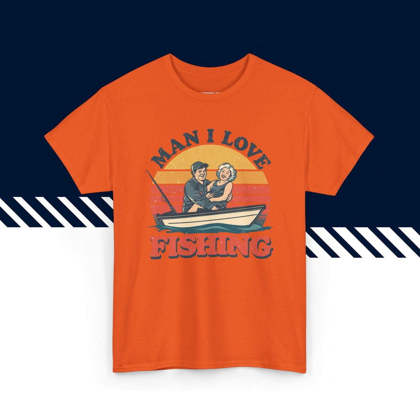 Oranssi puuvillainen t-paita, hauskat teksti paidat, Man I Love Fishing -teksti ja kuvio, unisex-malli.