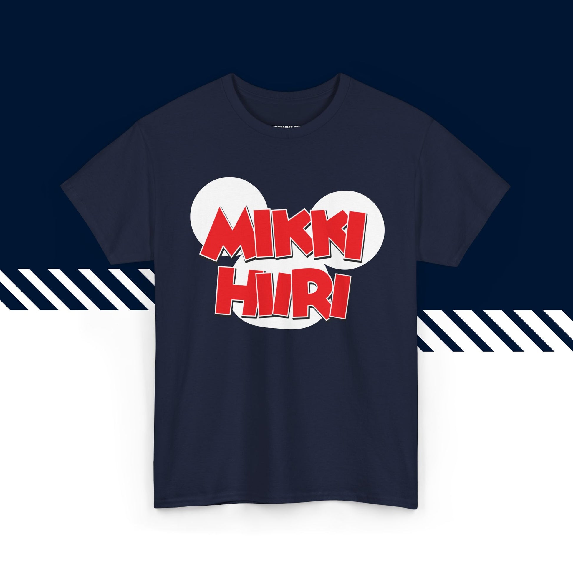 Tummansininen puuvillainen t-paita, hauskat printtipaidat, Mikki Hiiri -teksti ja kuvio, unisex-malli.