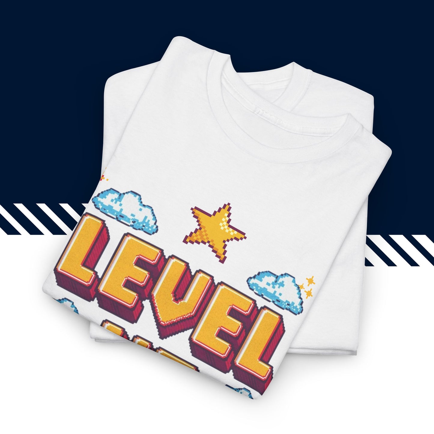 Valkoinen puuvillainen hauskat paidat Level Up t-paita, taitettuna, 100% puuvilla.
