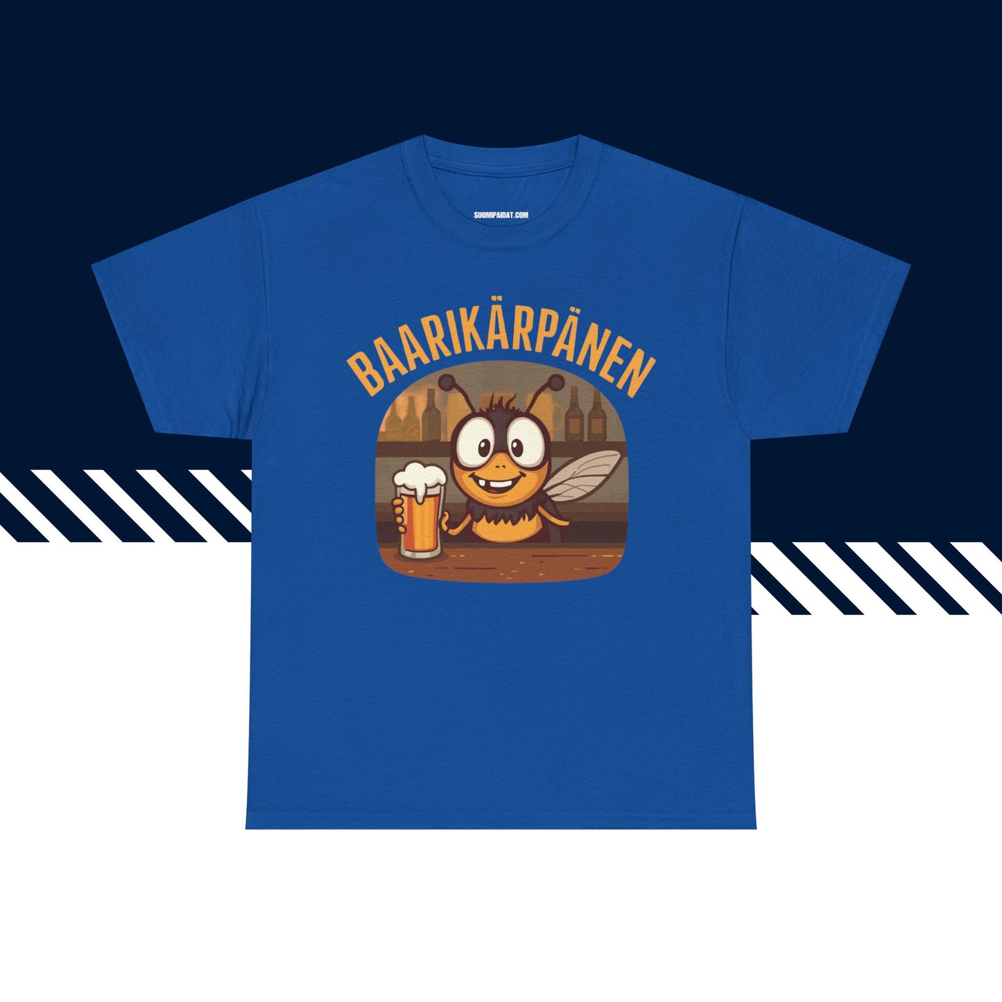 Sininen 100% puuvillainen t-paita, hauskat paidat, Baarikärpänen-tekstipainatus, unisex-malli.