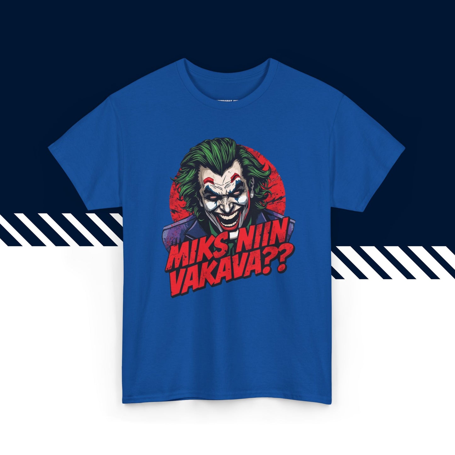 Sininen puuvillainen t-paita, hauskat paidat, Miks niin vakava -tekstipainatus, unisex-malli.
