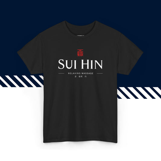 Musta puuvillainen t-paita, hauskat paidat, suomipaidat.comin Sui Hin -tekstipainatus, unisex-malli.