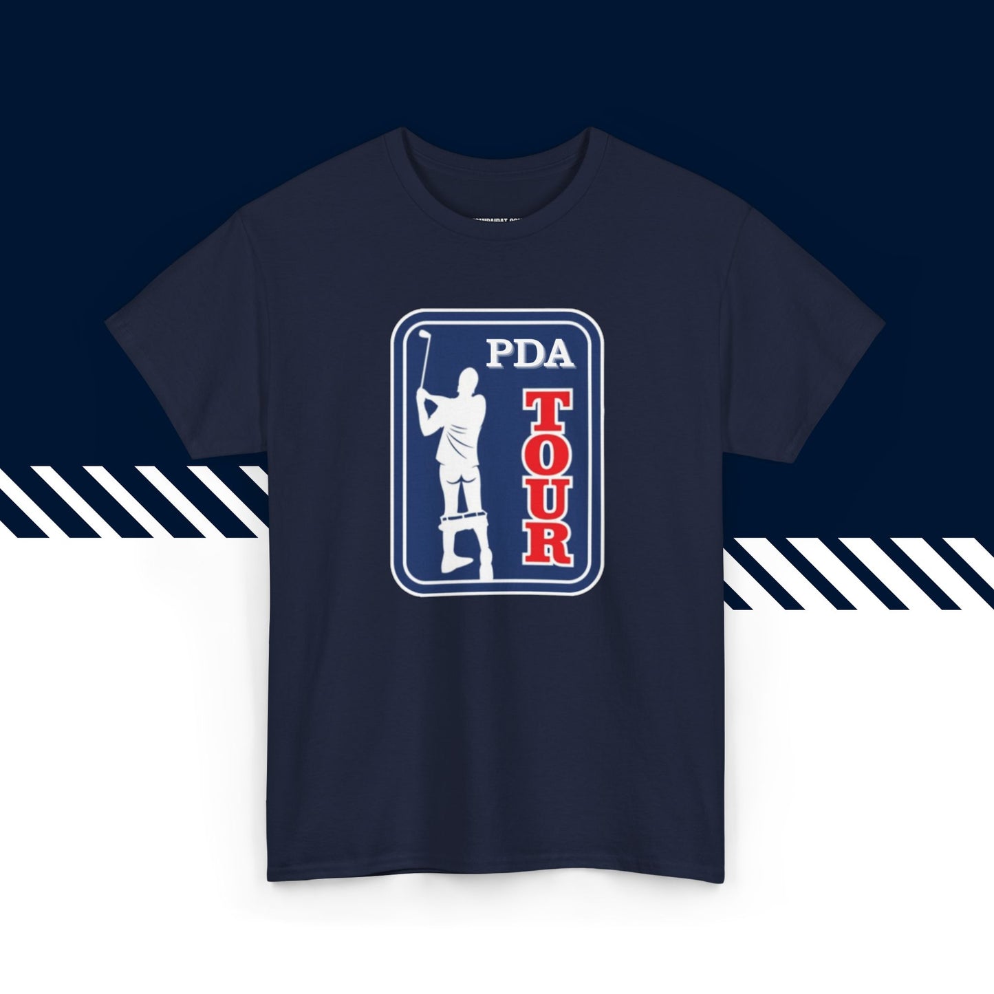Tummansininen puuvillainen t-paita, hauskat teksti paidat, PDA Tour -tekstipainatus, unisex-malli.