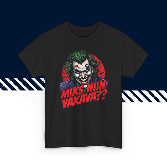 Musta puuvillainen t-paita, hauskat paidat, suomipaidat.comin Miks niin vakava -tekstipainatus, unisex-malli.