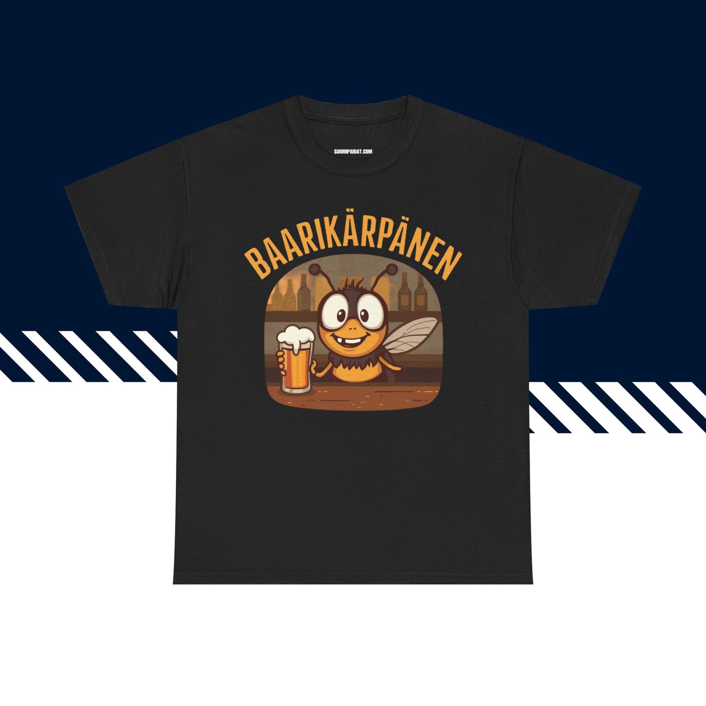 Musta 100% puuvillainen t-paita, hauskat paidat, Baarikärpänen-tekstipainatus, unisex-malli.