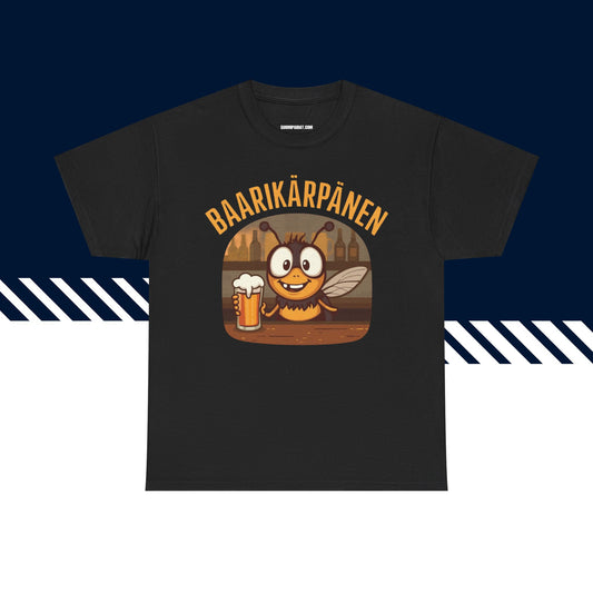 Musta 100% puuvillainen t-paita, hauskat paidat, Baarikärpänen-tekstipainatus, unisex-malli.