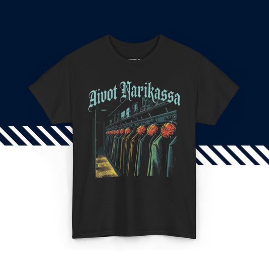 Musta puuvillainen t-paita, hauskat paidat, suomipaidat.comin Aivot narikassa -tekstipainatus, unisex-malli.