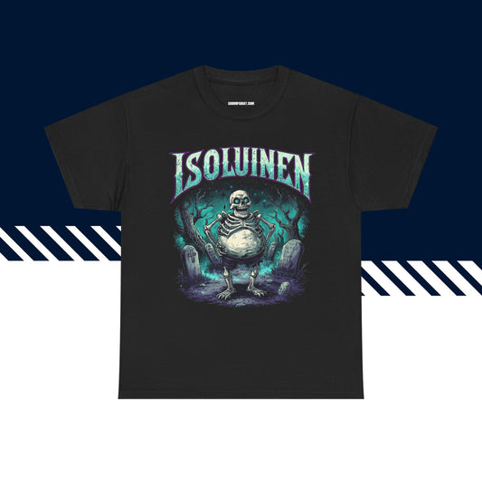 Musta puuvillainen t-paita, hauskat paidat, suomipaidat.comin Isoluinen-tekstipainatus, unisex-malli.