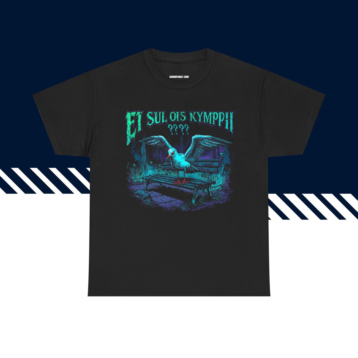 Musta puuvillainen t-paita, hauskat paidat, suomipaidat.comin Lokki-tekstipainatus, unisex-malli.