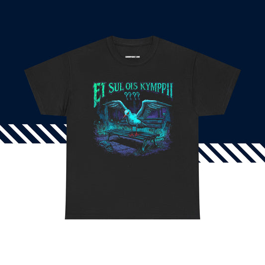 Musta puuvillainen t-paita, hauskat paidat, suomipaidat.comin Lokki-tekstipainatus, unisex-malli.