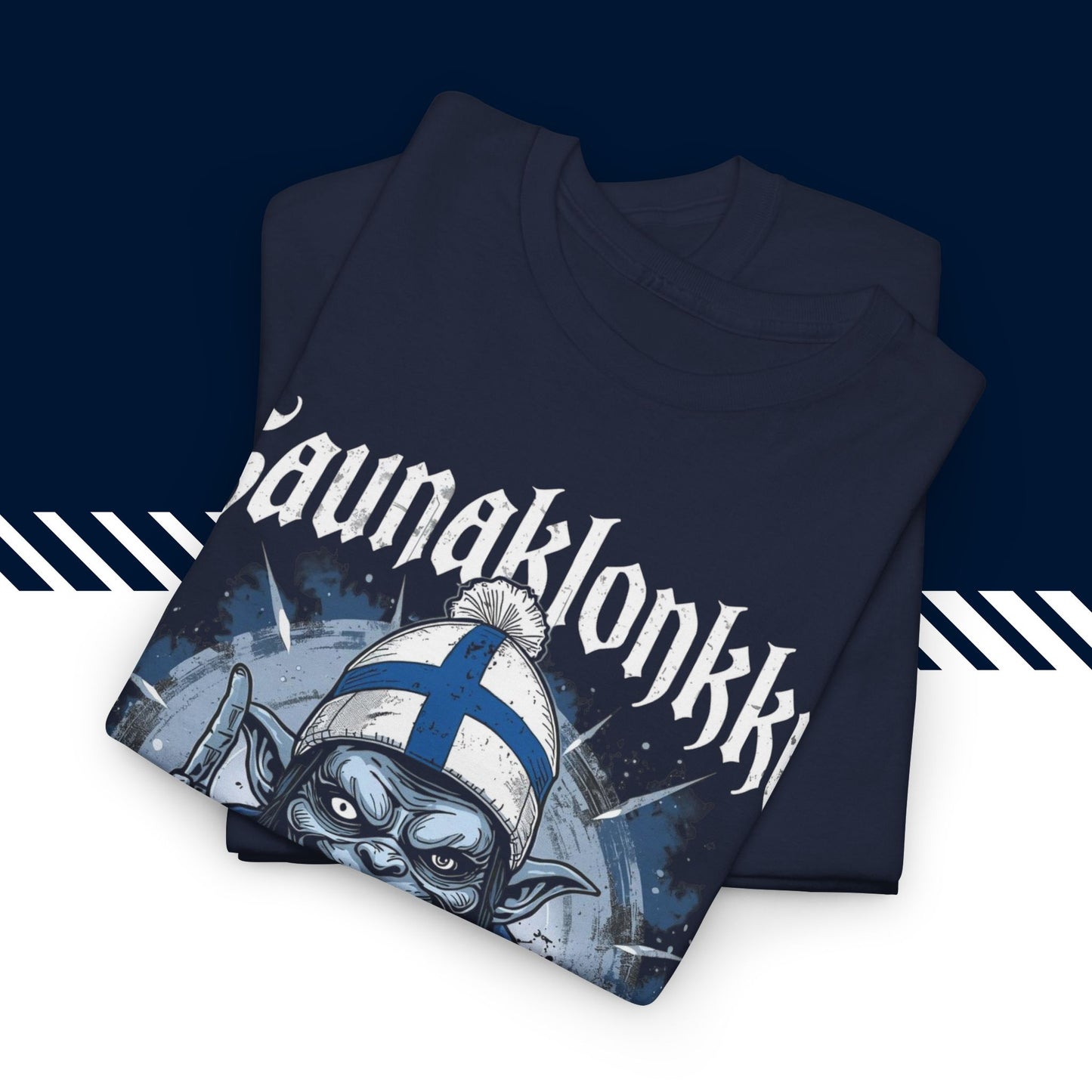 Tummansininen puuvillainen t paidat hauskat tekstit, Saunaklonkku t-paita, taitettuna, 100% puuvilla.