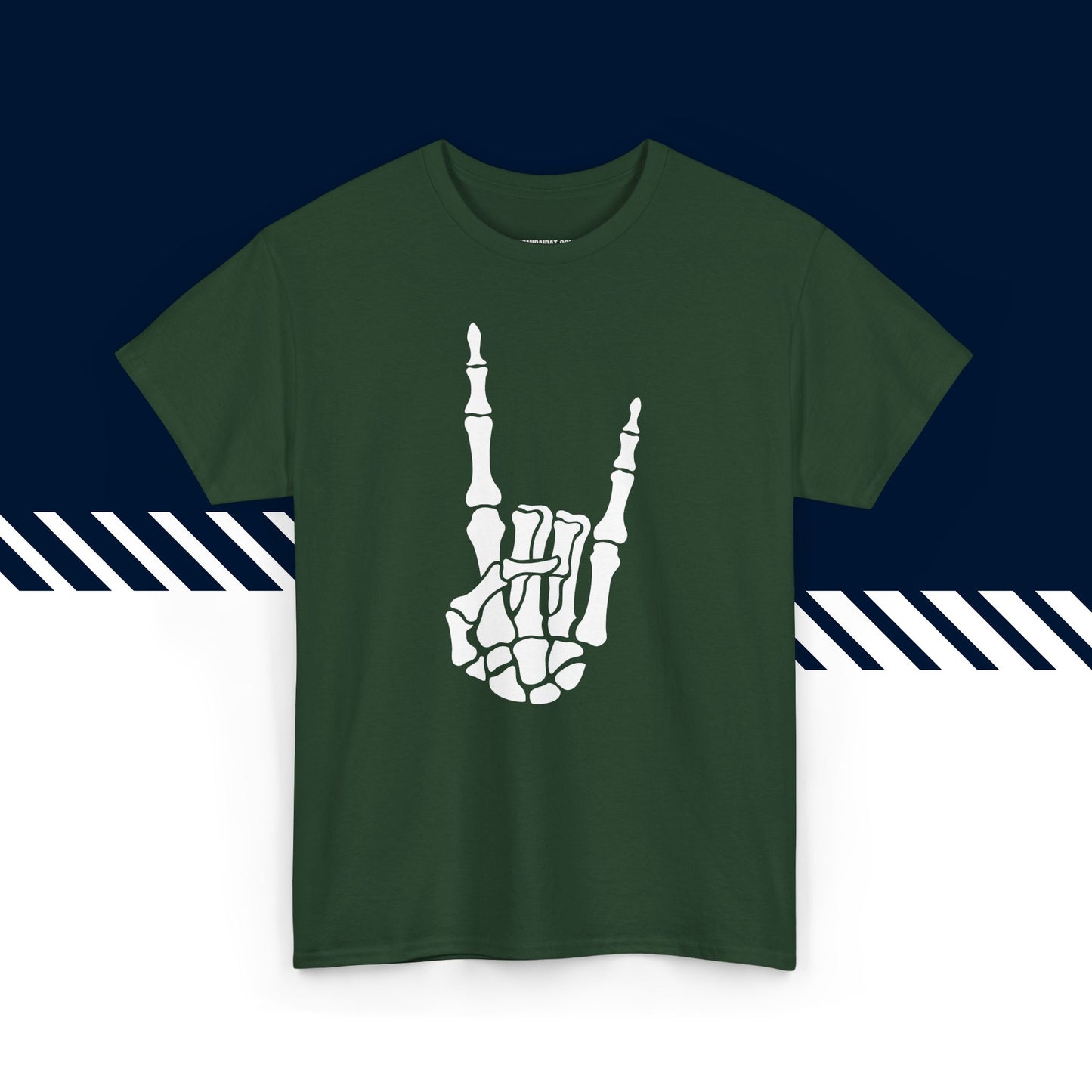 Tummanvihreä puuvillainen t-paita, hauskat printtipaidat, Rock On -tekstipainatus, unisex-malli.