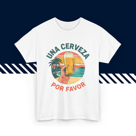 Valkoinen puuvillainen t-paita, hauskat paidat, suomipaidat.comin Una cerveza por favor -tekstipainatus, unisex.