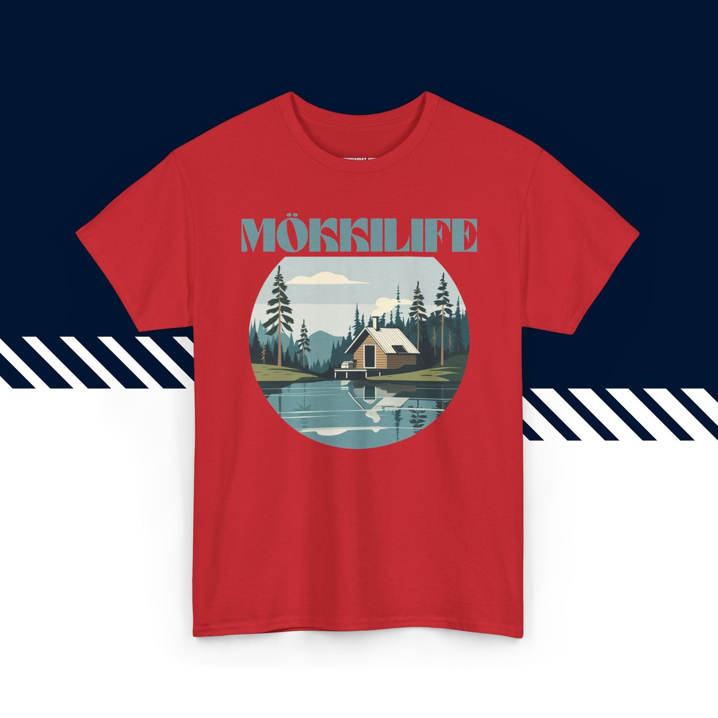 Punainen puuvillainen t-paita, hauskat printtipaidat, Mökkilife-tekstipainatus, unisex-malli.