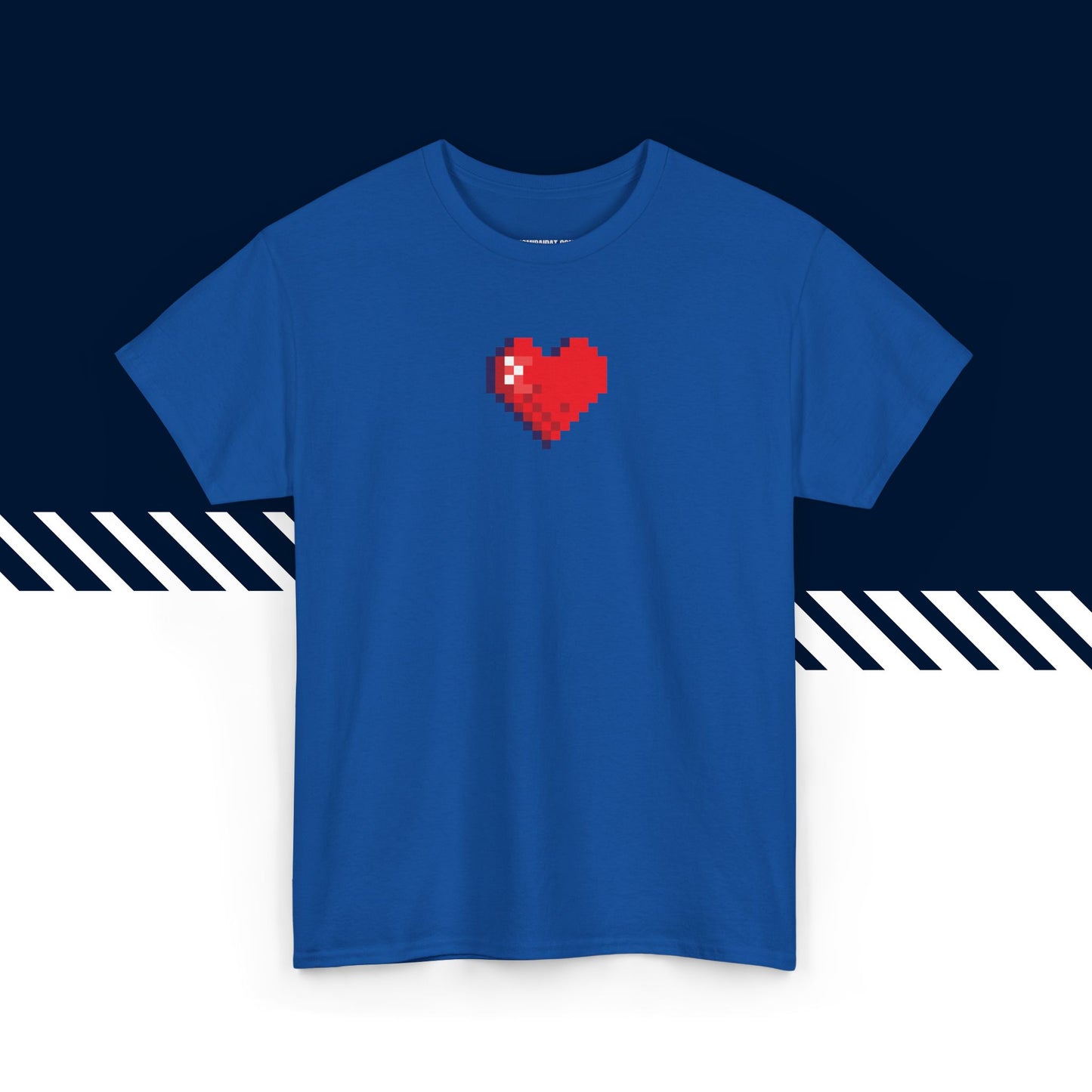 Sininen puuvillainen t-paita, hauskat printtipaidat, Pikselisydän-kuvio, unisex-malli.