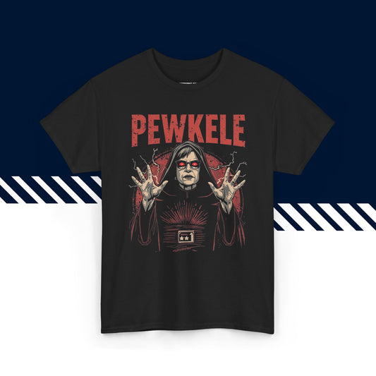 Musta puuvillainen t-paita, hauskat paidat, suomipaidat.comin Pewkele-tekstipainatus, unisex-malli.