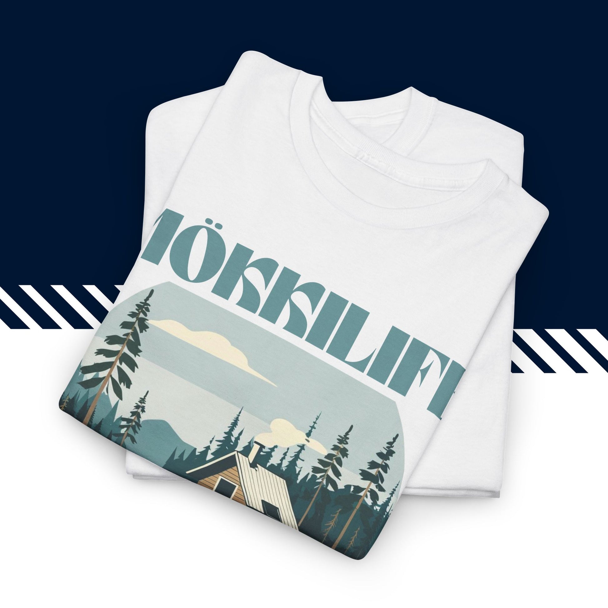 Valkoinen puuvillainen t paidat hauskat tekstit, Mökkilife t-paita, taitettuna, 100% puuvilla.