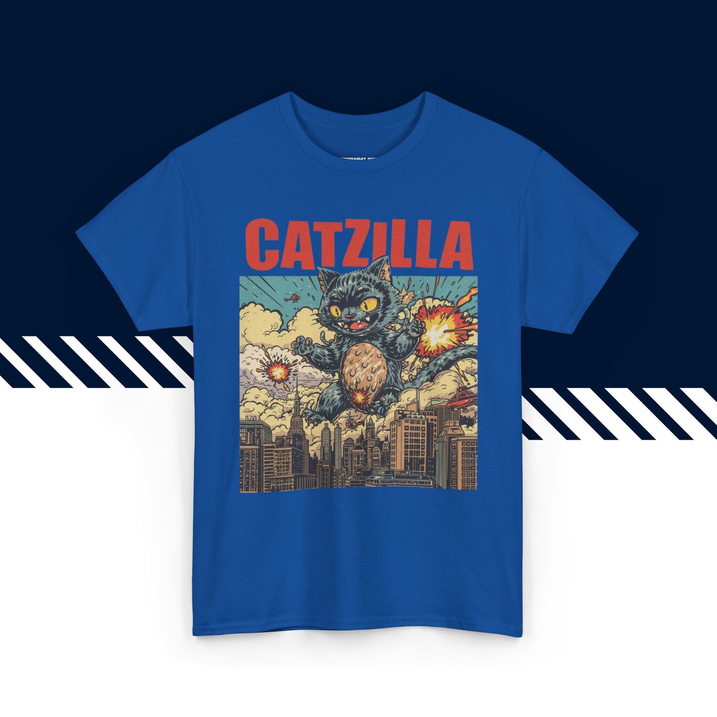 Sininen 100% puuvillainen t-paita, hauskat paidat, Catzilla-tekstipainatus, rento malli.
