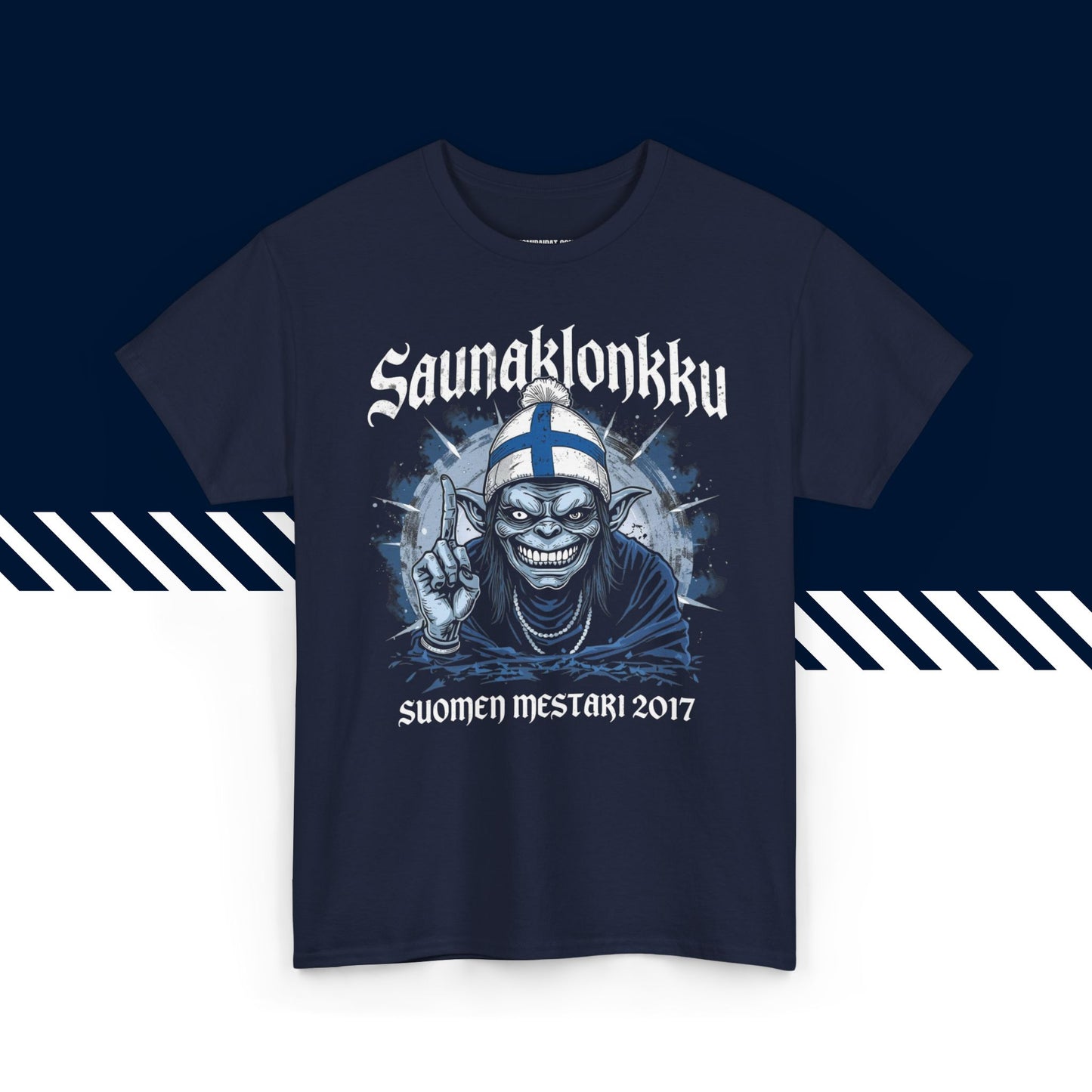 Tummansininen puuvillainen t-paita, hauskat paidat, suomipaidat.comin Saunaklonkku-kuvio, unisex-malli.