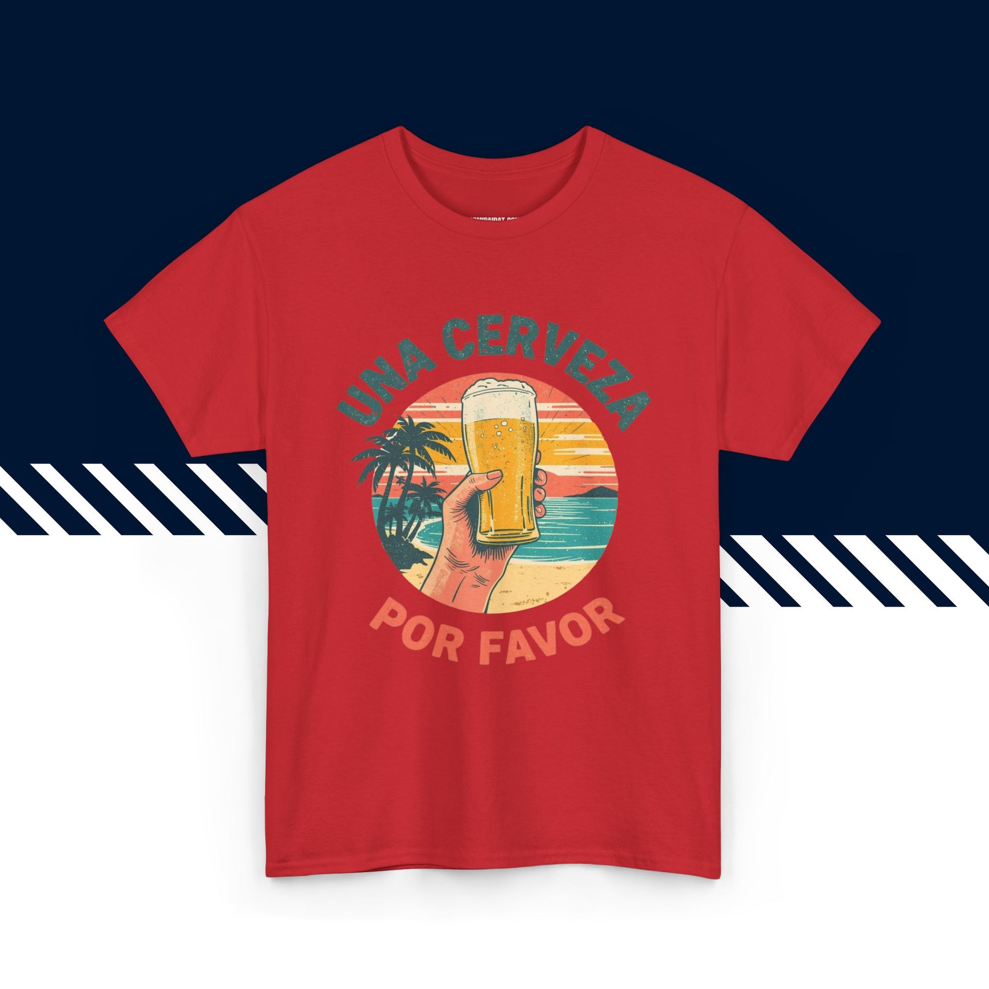 Punainen 100% puuvillainen t-paita, hauskat paidat, Una cerveza por favor -tekstipainatus, unisex.