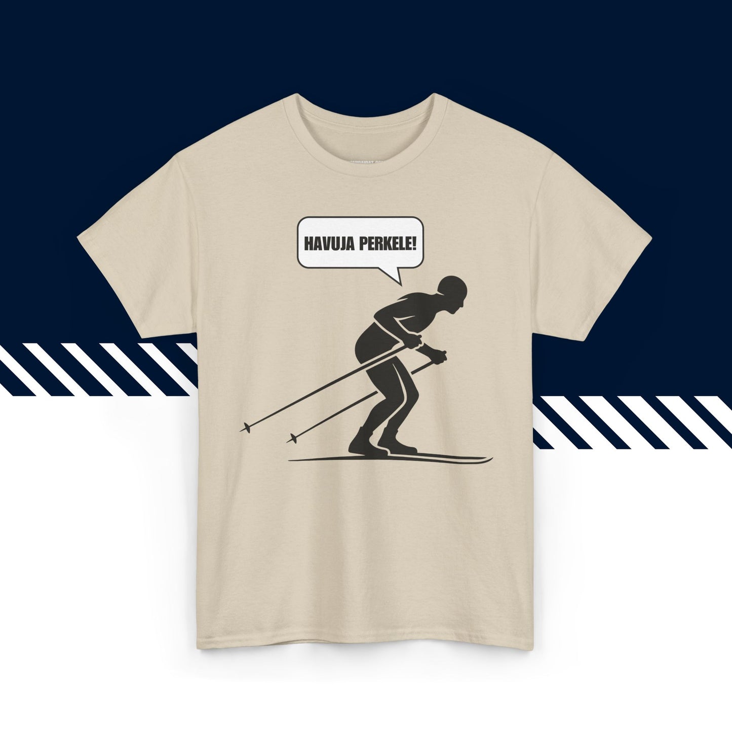 Beige puuvillainen t-paita, hauskat teksti paidat, Havuja perkele! -tekstipainatus, unisex-malli.