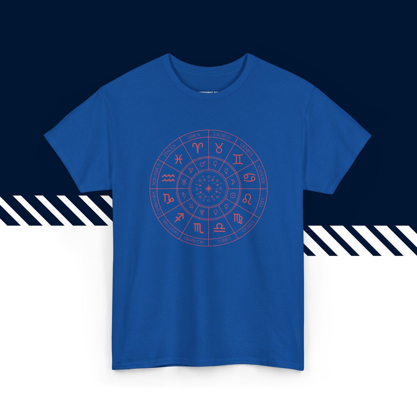 Sininen puuvillainen t-paita, hauskat teksti paidat, Horoskoopit-tekstipainatus, unisex-malli.