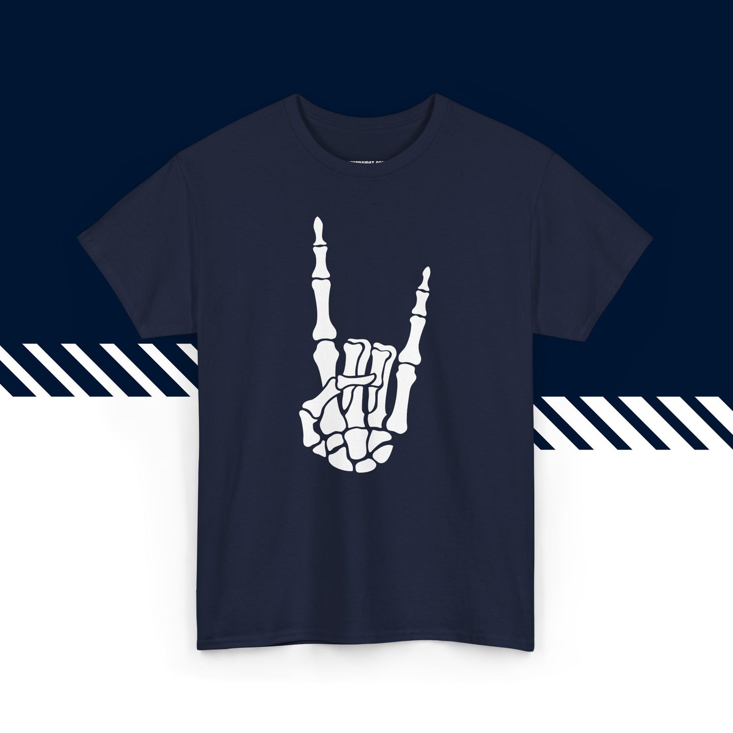Tummansininen puuvillainen t-paita, hauskat teksti paidat, Rock On -tekstipainatus, unisex-malli.