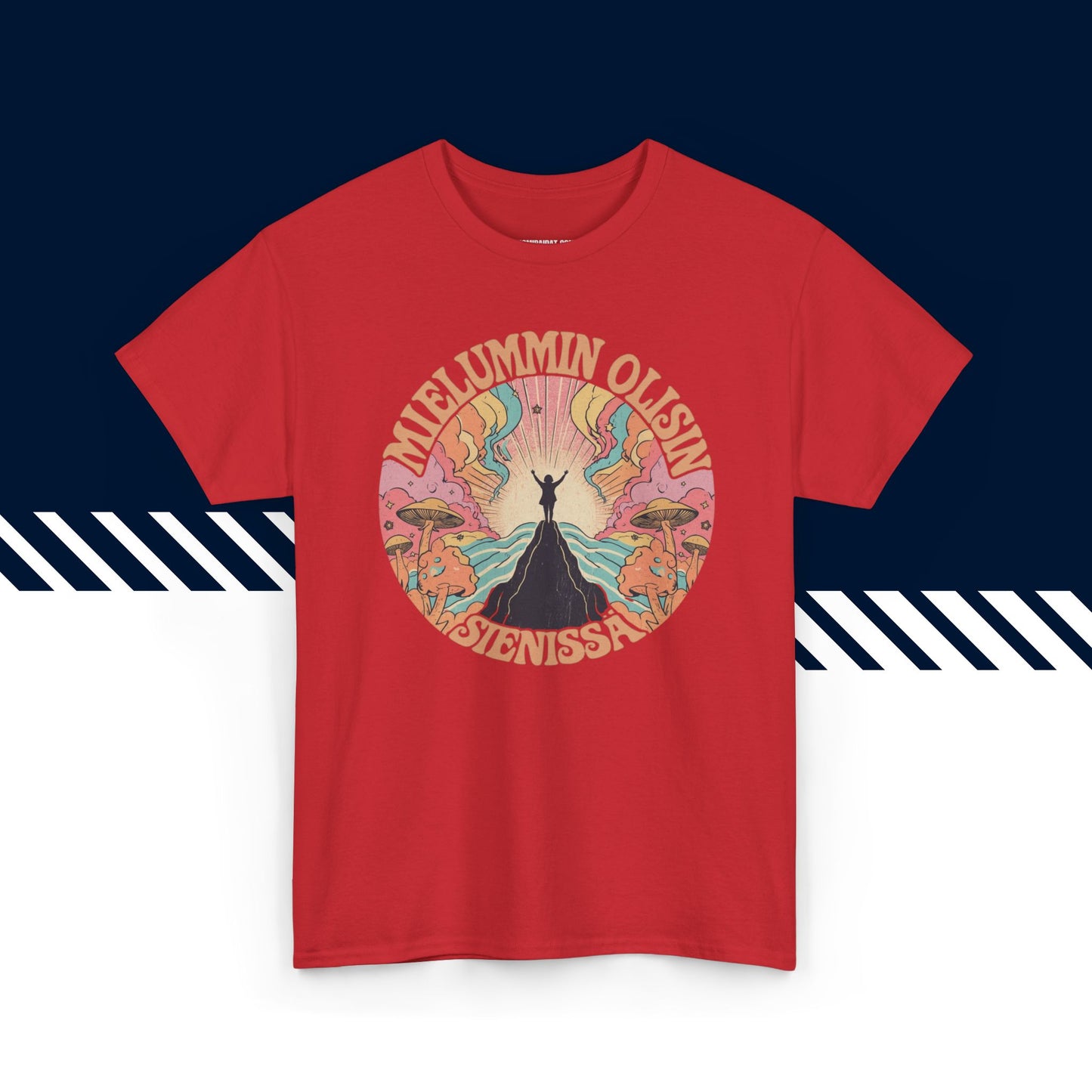Punainen puuvillainen t-paita, hauskat printtipaidat, Mielummin olisin sienissä -teksti ja kuvio, unisex-malli.
