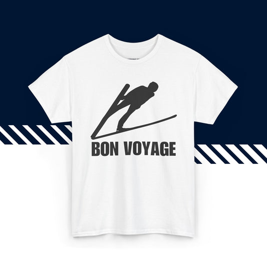 Valkoinen puuvillainen t-paita, hauskat paidat, suomipaidat.comin Bon Voyage -tekstipainatus, unisex-malli.