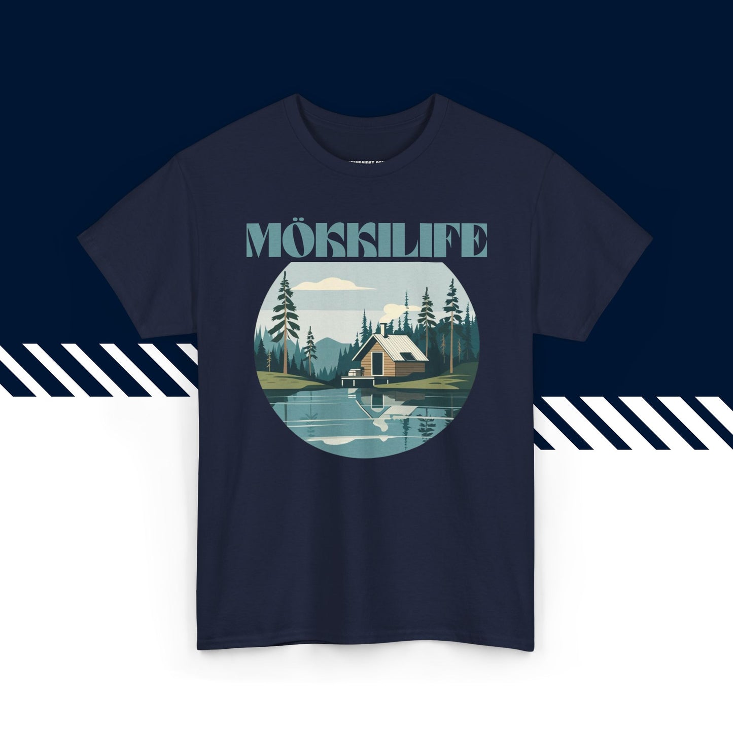 Tummansininen 100% puuvillainen suomi paidat, Mökkilife-tekstipainatus, rento malli.